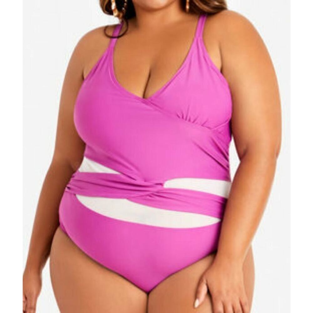 NEW NICOLE MILLER PURPLE CRISSCROSS MESH ONE PIECE SWIMSUIT SIZE 2X